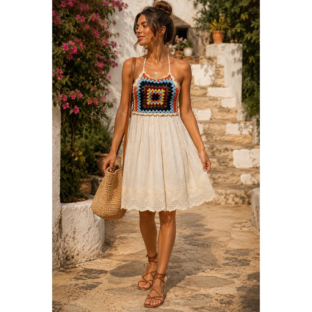 NWT Hummingbird Crochet Granny Square Eyelet Boho Festival Summer Halter Dress L